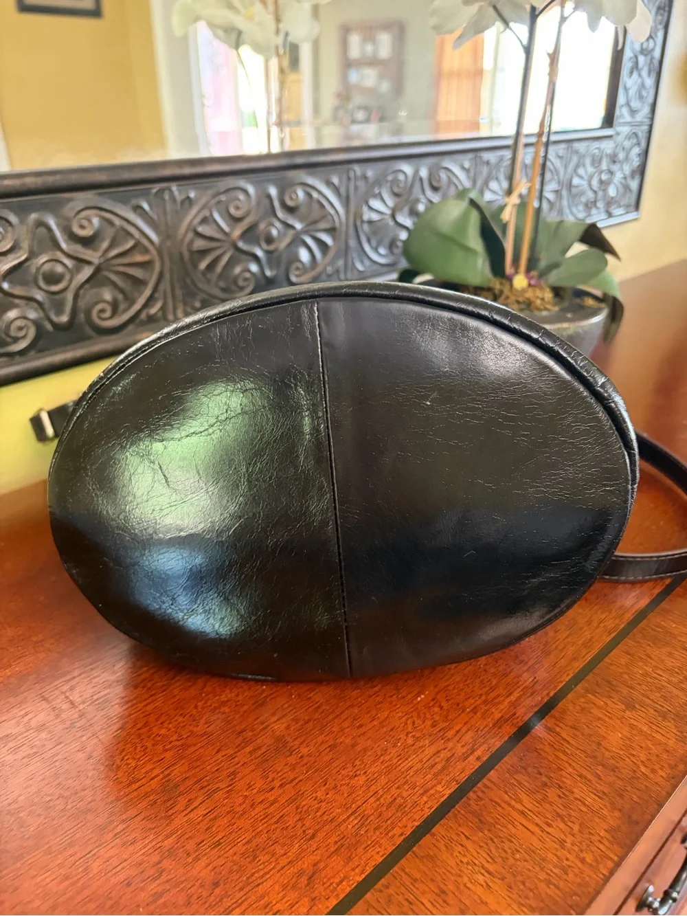 HOBO Maggie Satchel/Crossbody Polished Black Leather And Sleek Handles
